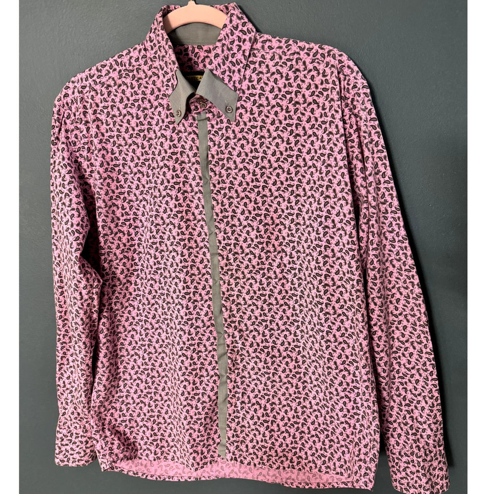 STYLISH DAST CARDIN MENS PINK AND GRAY LONG SLEEVE BUTTON UP SHIRT SIZE LARGE
